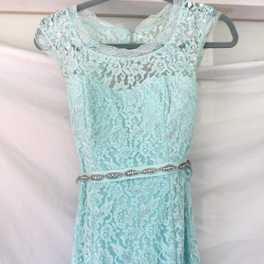Light Blue Lace Prom Dress With Gems